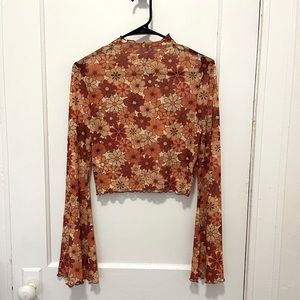 SHEIN Floral Long Sleeve Crop Top - Red and Cream